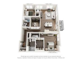 A floor plan of a two-bedroom apartment with a living room, kitchen, and bathroom.
