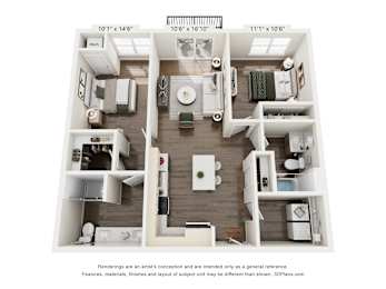 A 3D floor plan of a house with a kitchen, living room, and two bedrooms.