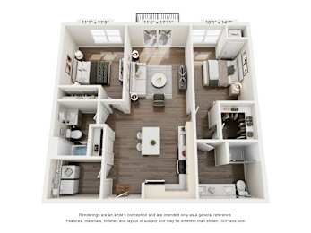 A 3D floor plan of a two-bedroom apartment with dimensions and a disclaimer.