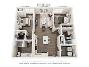 A 3D floor plan of a small apartment with a kitchen, living room, and bathroom.