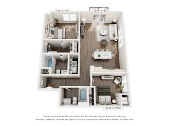 A floor plan of a small apartment with a kitchen, living room, and two bedrooms.
