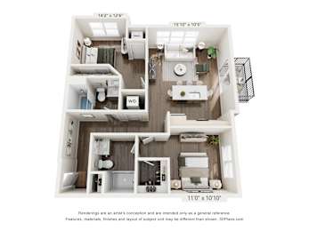 A 3D floor plan of a small apartment with a kitchen, living room, and bathroom.