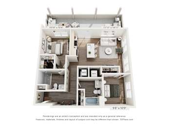 A 3D floor plan of a house with a kitchen, living room, and two bedrooms.
