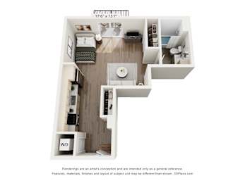 A 3D floor plan of a small apartment with a kitchen, living room, and bedroom.