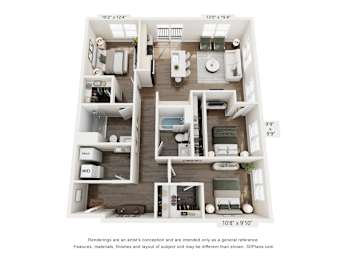 A 3D floor plan of an apartment with a kitchen, living room, bedrooms and bathrooms.