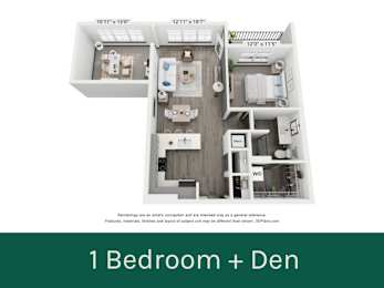 A diagram of a 1 Bedroom + Den apartment layout.