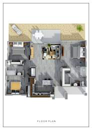 A floor plan of a house with a kitchen, living room, and two bedrooms.