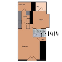 A diagram of a floor plan for a 1414 apartment.