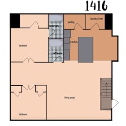 A floor plan of a 1416 square foot home with two bedrooms, a living room, a kitchen, a pantry, a bathroom, and a laundry room.