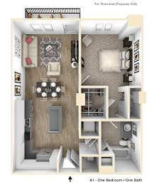 A 3D illustration of a small apartment layout with one bedroom and one bathroom.