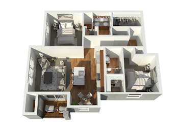 A 3D floor plan of a house with multiple rooms.
