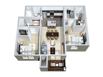 A 3D floor plan of a house with a living room, kitchen, dining room, and bedrooms.