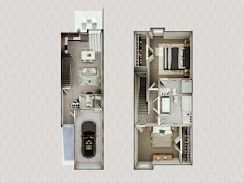 Two floor plans of a house with a car parked in the garage.