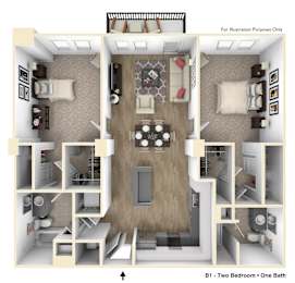 A floor plan of a studio apartment with two bedrooms and one bathroom.