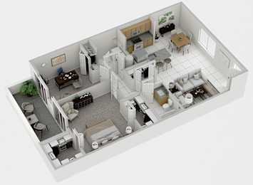 A 3D floor plan of a house with a living room, kitchen, dining room, and bedrooms.