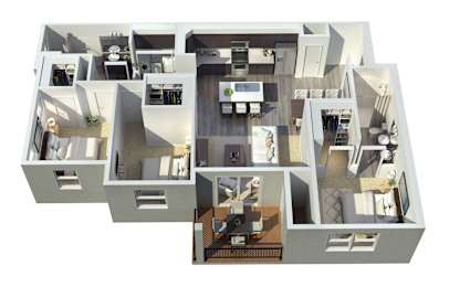 A 3D floor plan of a house with multiple rooms and furniture.