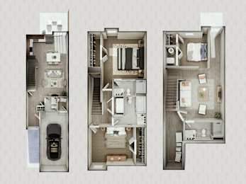 Three different layouts of a small apartment are displayed.