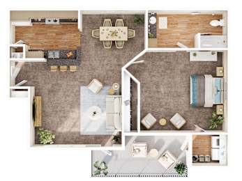 A top-down view of a living room, kitchen, and dining area.