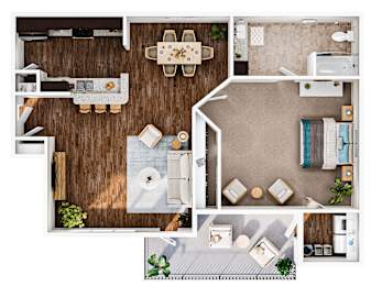 A top-down view of a house layout with a kitchen, living room, and bathroom.
