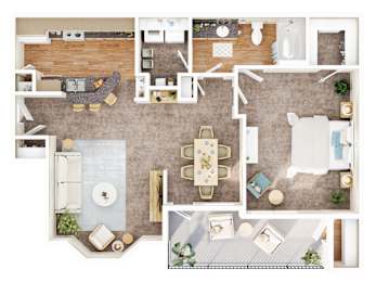 A top-down view of a living room, dining area, kitchen, and bathroom.
