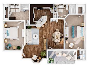 A top-down view of a well-organized apartment with a kitchen, living room, dining area, and bathroom.