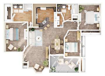 A top-down view of a house layout with a kitchen, living room, dining room, and bathrooms.