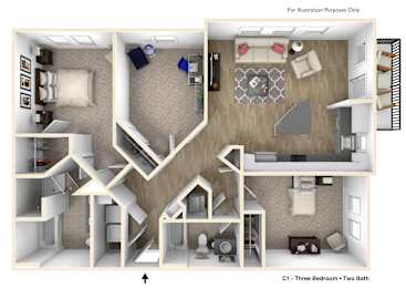 A 3D floor plan of a three bedroom apartment with two bathrooms.