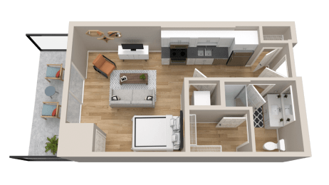 Vintage on Selby | Cary with Patio| Studio Apartment 3D Floorplan