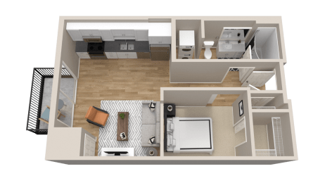 Vintage on Selby | Bogart | Studio with Alcove Apartment 3D Floorplan