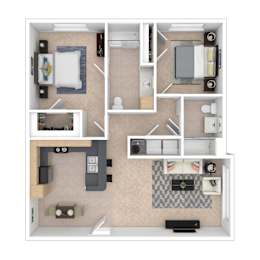 A top-down view of a small apartment layout with a kitchen, living room, and bedroom.