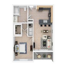 A floor plan of a small apartment with a kitchen, living room, and bathroom.