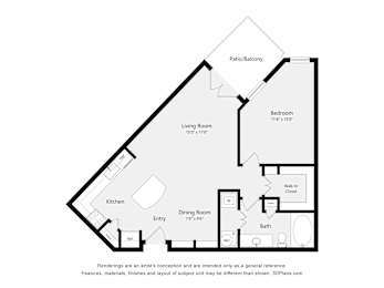 A floor plan of a home with a living room, dining room, kitchen, bedroom, bathroom and entry.