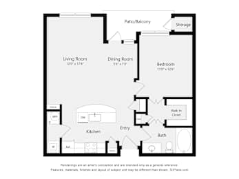 A floor plan of a house with a living room, dining room, kitchen, bath, bedroom, and storage.