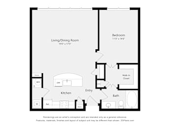 A floor plan of a house with a living/dining room, kitchen, bath, and bedroom.