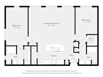 A floor plan of a small apartment with two bedrooms, a bathroom, a kitchen, and a living/dining room.