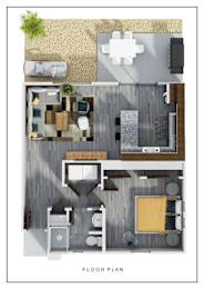 A floor plan of a room with a kitchen, dining area, and living room.