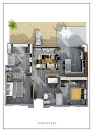 A floor plan of a house with a kitchen, living room, and bathroom.