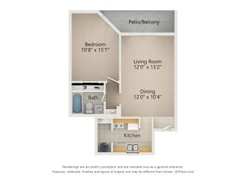 A floor plan of a small apartment with a bathroom, bedroom, living room, dining area and kitchen.