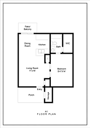 A floor plan of a house with a living room, dining room, kitchen, bath, and bedroom.