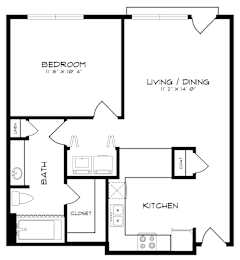 A black and white image of a floor plan for a small apartment.