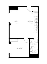 A floor plan of a small apartment with a living room, kitchen, bathroom and bedroom.