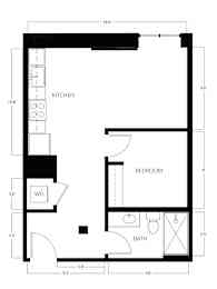 A floor plan of a house with a kitchen, bathroom, and bedroom.