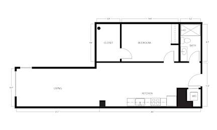 A floor plan of a small apartment with a living room, kitchen, and bedroom.