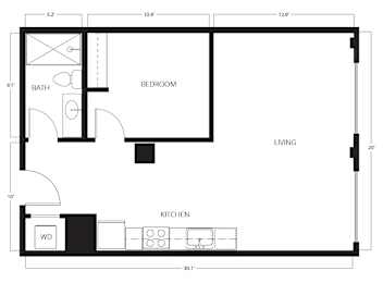 A floor plan of a small apartment with a bedroom, living room, and kitchen.