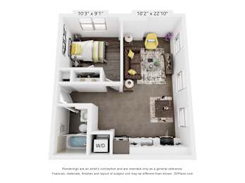 A 3D floor plan of a small apartment with a kitchen, living room, and bathroom.