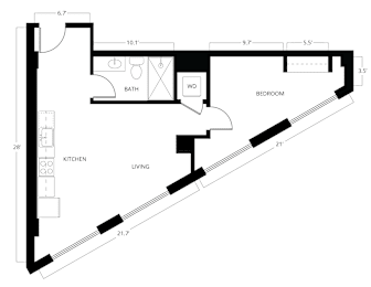 A black and white floor plan of a small apartment with a living room, kitchen, bathroom and bedroom.