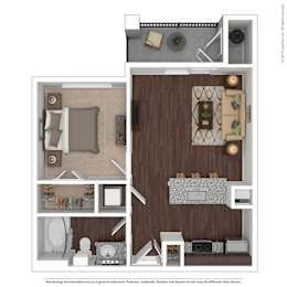 A 3D floor plan of a small apartment with a living room, kitchen, and bathroom.