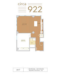A floor plan for a 922 square foot apartment with one bedroom and one bathroom.