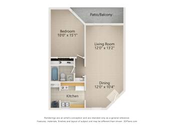 A diagram of a small apartment layout with a bedroom, living room, dining area, and kitchen.