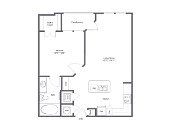A floor plan of a small apartment with a kitchen, bathroom, and living room.